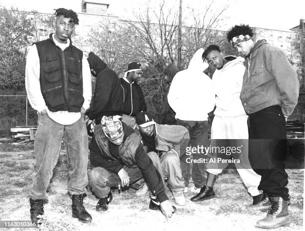 Rap group Wu-Tang Clan poses for a portrait on May 8, 1993 on Staten Island in New York City, New York. .