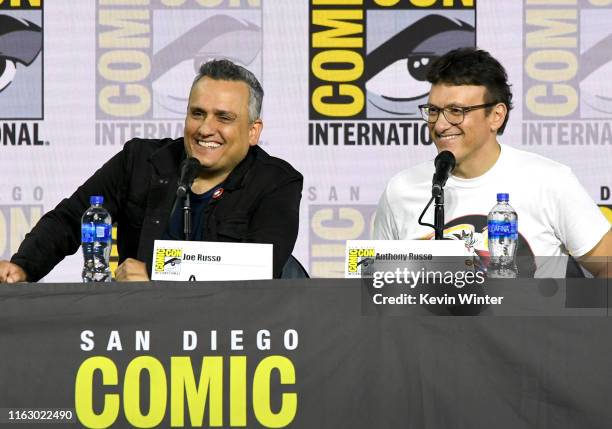 Joe Russo and Anthony Russo speak at the Writing "Avengers: Endgame" Panel during 2019 Comic-Con International at San Diego Convention Center on July...