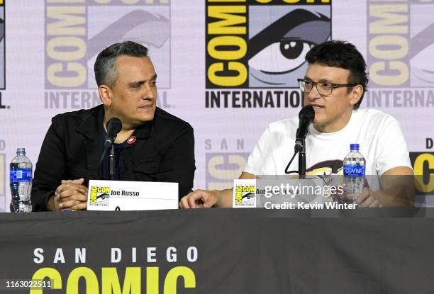 Joe Russo and Anthony Russo speak at the Writing "Avengers: Endgame" Panel during 2019 Comic-Con International at San Diego Convention Center on July...