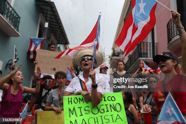 Protesters continue to demonstrate near a street leading to the governors mansion to protest against Ricardo Rossello, the Governor of Puerto Rico on...