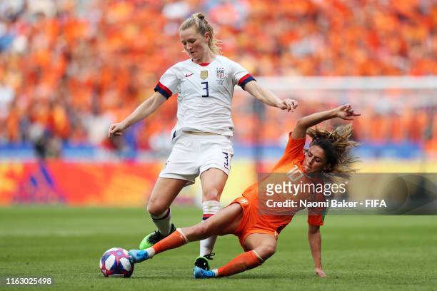 Samantha Mewis of the USA battles for possession with Danielle Van De Donk of the Netherlands during the 2019 FIFA Women's World Cup France Final...