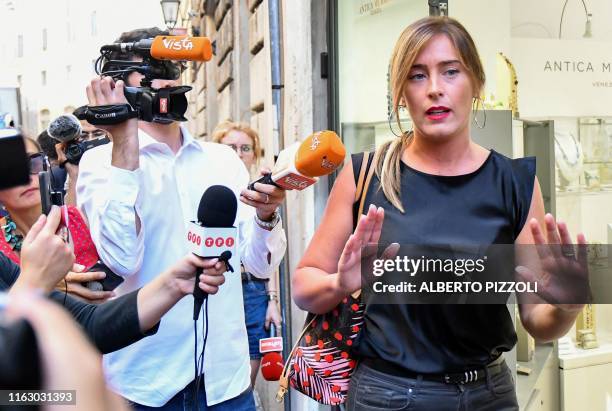 Member of the Partito Democratico political party, Maria Elena Boschi, arrives at the PD headquarters for a high level meeting on August 21, 2019 in...