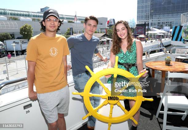 Tanner Buchanan, Xolo Maridueña and Mary Mouser attend the #IMDboat at San Diego Comic-Con 2019: Day Two at the IMDb Yacht on July 19, 2019 in San...