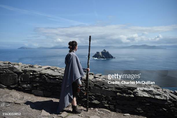 Star Wars fan and cosplayer Sharon Zonneveld, dressed as the character Rey pictured on Skellig Michael on August 21, 2019 in Portmagee, Ireland. The...