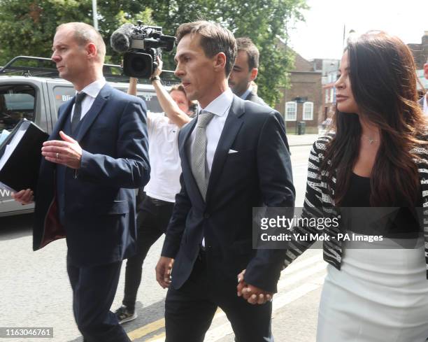 Ryder Cup-winning golfer Thorbjorn Olesen leaving Uxbridge Magistrates' Court where he appeared charged with sexual assault, being drunk on an...