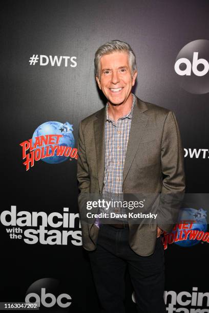 Host Tom Bergeron arrives at the 2019 "Dancing With The Stars" Cast Reveal at Planet Hollywood Times Square on August 21, 2019 in New York City.