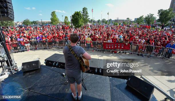 Jamie Webster singer-songwriter entertaining the Liverpool fans before the pre-season friendly match between Borussia Dortmund and Liverpool FC at...