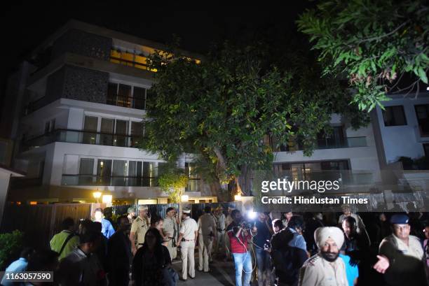 Police officials seen outside the residence of P Chidambram on August 21, 2019 in New Delhi, India. Former Finance Minister P Chidambaram was...