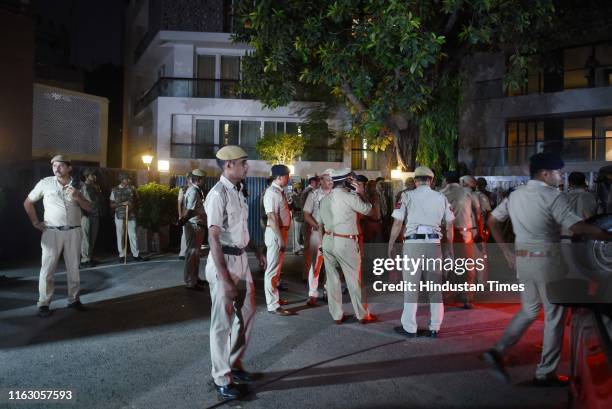 Police officials seen outside the residence of P Chidambram on August 21, 2019 in New Delhi, India. Former Finance Minister P Chidambaram was...