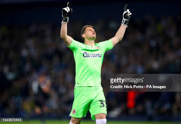 Reading goalkeeper Barbosa Rafael Cabral celebrates his sides first goal of the match during the Sky Bet Championship match at The Hawthorns, West...