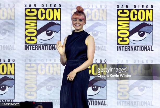 Maisie Williams speaks at the "Game Of Thrones" Panel And Q&A during 2019 Comic-Con International at San Diego Convention Center on July 19, 2019 in...