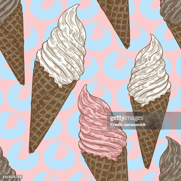 soft ice cream waffle cone seamless pattern - soft serve stock illustrations