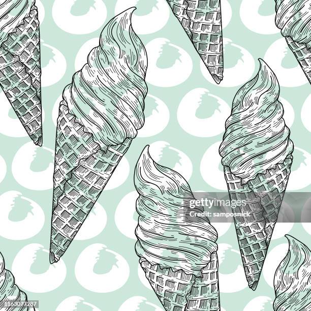 soft ice cream waffle cone seamless pattern - mint chocolate chip stock illustrations