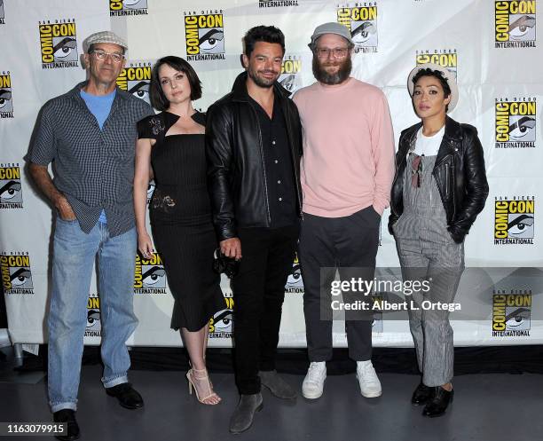 Mark Harelik, Julie Ann Emery, Dominic Cooper, Seth Rogen and Ruth Negga attend the "Preacher" Panel during 2019 Comic-Con International at San Diego...