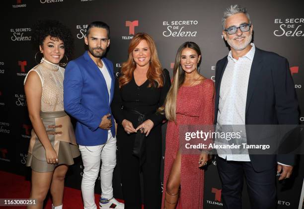 Elyfer Torres, Fabian Rios, Maria Celeste Arraras, Catherine Siachoque and Miguel Varoni are seen at the "El Secreto De Selena" Miami Screening at...