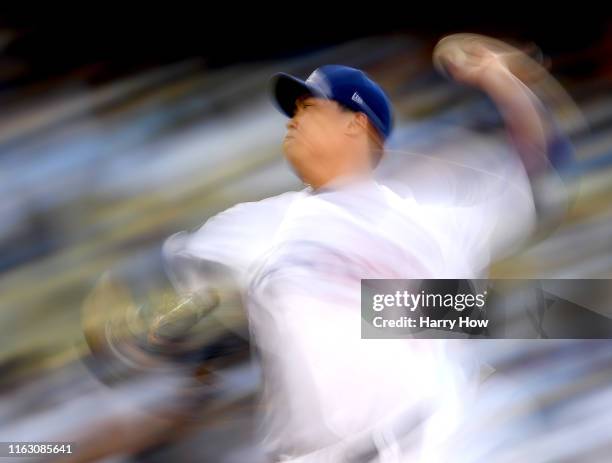Hyun-Jin Ryu of the Los Angeles Dodgers pitches against the Miami Marlins during the second inning at Dodger Stadium on July 19, 2019 in Los Angeles,...