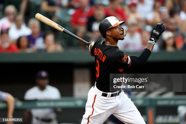 Keon Broxton of the Baltimore Orioles bats against the Boston Red Sox at Oriole Park at Camden Yards on July 19, 2019 in Baltimore, Maryland.