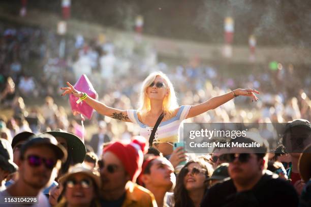 Festival goers watch Pond perform on the Amphitheatre stage during Splendour In The Grass 2019 on July 20, 2019 in Byron Bay, Australia.