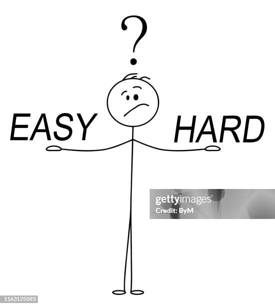 vector cartoon stick figure drawing conceptual illustration of man or businessman balancing easy and hard ways on his hands and thinking about. - hand holding piece of cake stock illustrations