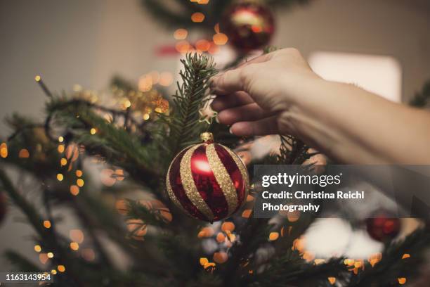 woman holding christmas bauble in front of illuminated christmas tree - decorare l'albero di natale foto e immagini stock