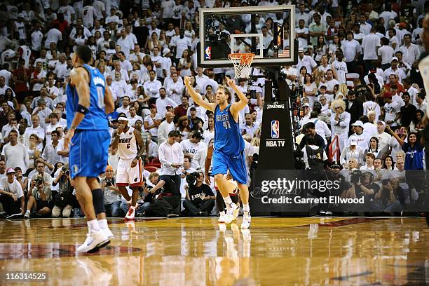 Dirk Nowitzki of the Dallas Mavericks celebrates while playing the Miami Heat in Game Six of the 2011 NBA Finals on June 12, 2011 at the American...