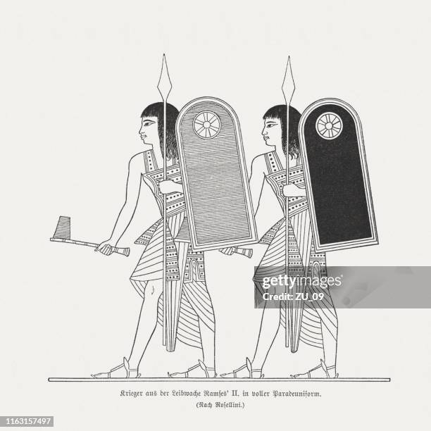 bodyguards of pharaoh ramesses ii, egypt, wood engraving, published 1879 - spear stock illustrations