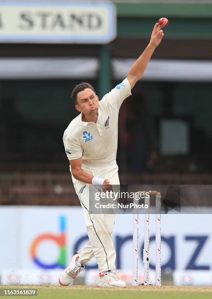 New Zealand fast bowler Trent Boult delivers a ball during the first day's play of the second test cricket match between Sri Lanka and New Zealand at...