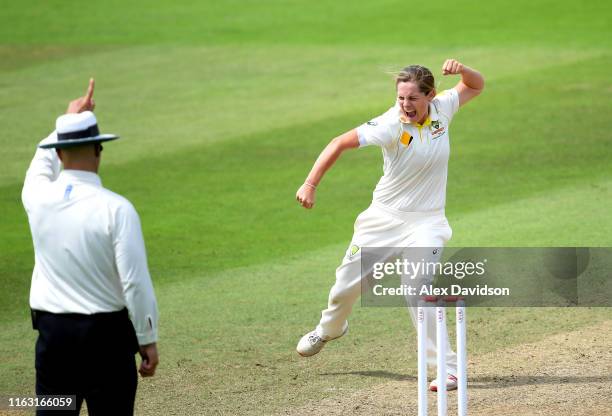 Sophie Molineux of Australia celebrates taking the wicket of Heather Knight of England during Day Three of the Kia Women's Test Match between England...