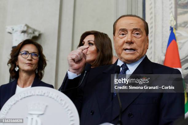 Leader of the Forza Italia party Silvio Berlusconi during a press conference after a meeting with Italy's President Sergio Mattarella during...