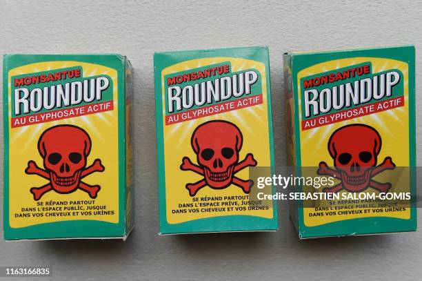 Fake bottles of weedkiller Roundup are displayed during a demonstration in support of the mayor of Langouet Daniel Cueff, sued for having banned...