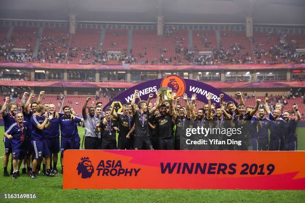 Team Wolverhampton Wanderers celebrate during podium ceremony of Premier League Asia Trophy Final between Manchester City and Wolverhampton Wanderers...