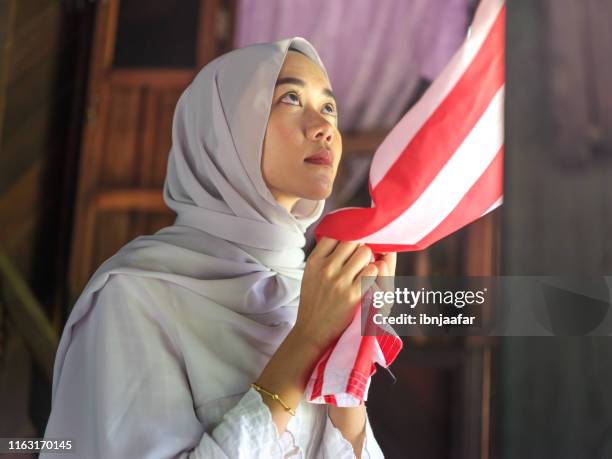 ritratto di bella ragazza con bandiera nazionale - malaysia independence day foto e immagini stock