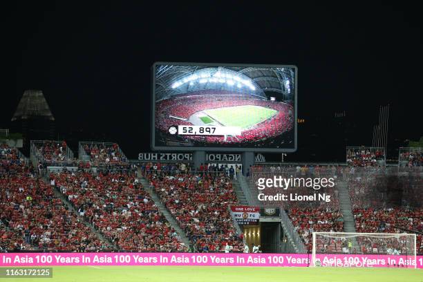General view of the crowd and match attendance on the big screen during the 2019 International Champions Cup match between Manchester United and FC...