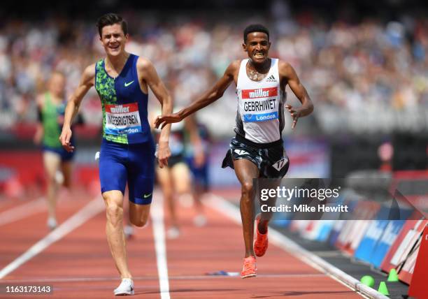 Hagos Gebrhiwet of Ethiopia celebrates victory in the Men's 5000m during Day One of the Muller Anniversary Games IAAF Diamond League event at the...