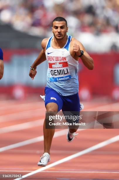 Adam Gemili of Great Britain competes in Heat 1 of the Men's 100m during Day One of the Muller Anniversary Games IAAF Diamond League event at the...