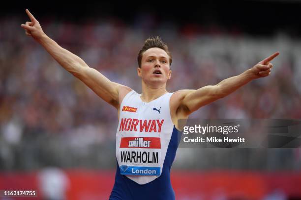 Karsten Warholm of Norway crosses the line to win the Men's 400m Hurdles during Day One of the Muller Anniversary Games IAAF Diamond League event at...
