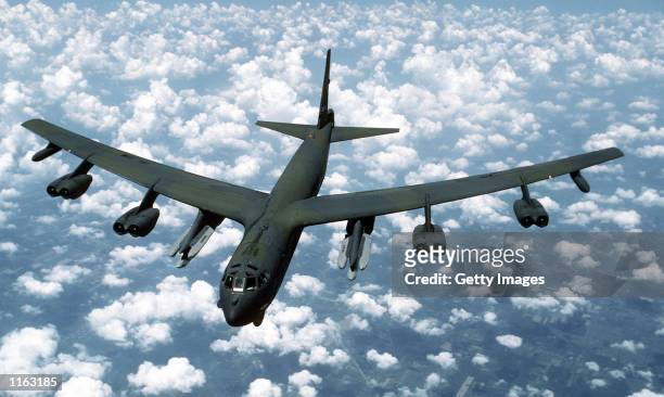 An air-to-air front view of a B-52G Stratofortress aircraft from the 416th Bombardment Wing armed with Air-Launched Cruise Missiles in an undated...