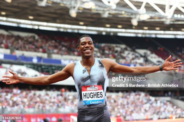 Zharnel Hughes of Great Britain poses for a photo after the final of the Men's 100m during Day One of the Muller Anniversary Games IAAF Diamond...