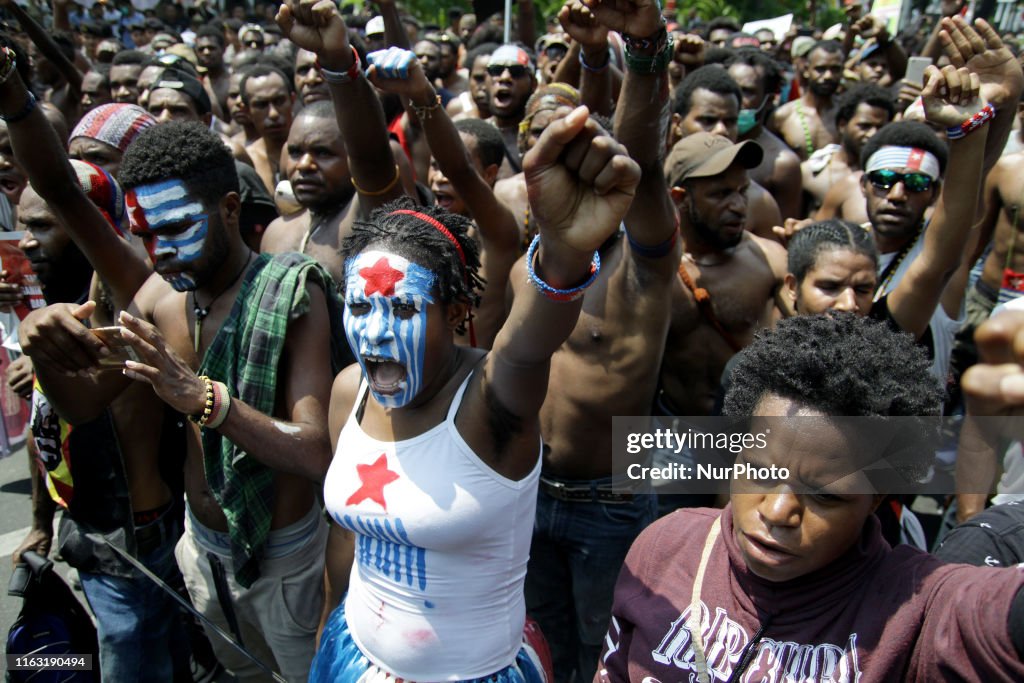 Dozens of Papuan students held a demonstration in Jakarta on Thursday, August 22, 2019. The demonstration was held following a demonstration that ended in riots in Manokwari, Papua province this week after alleged acts of mistreatment and racist speech aga
