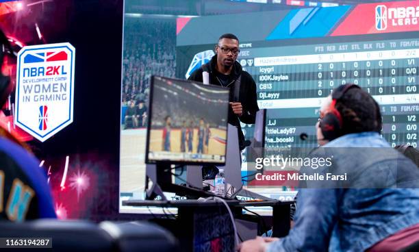 Derric Famous Franklin of Heat Check Gaming looks on during Day Two of the NBA 2K League Development Camp - Women in Gaming on August 21, 2019 at the...