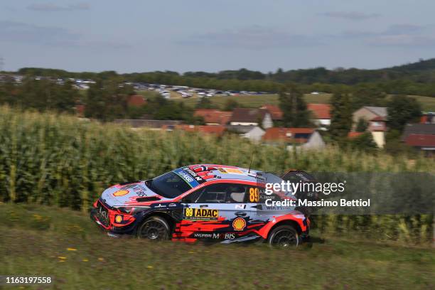 Andreas Mikkelsen of Norway and Anders Jaeger of Norway compete with their Hyundai Shell Mobis WRT Hyundai i20 Coupe WRC during the Shakedown of the...