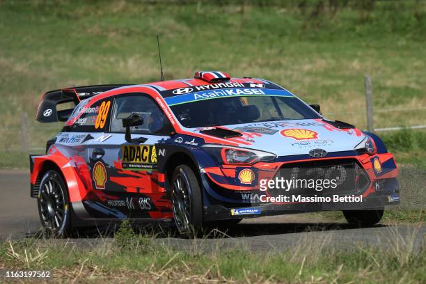 Andreas Mikkelsen of Norway and Anders Jaeger of Norway compete with their Hyundai Shell Mobis WRT Hyundai i20 Coupe WRC during the Shakedown of the...