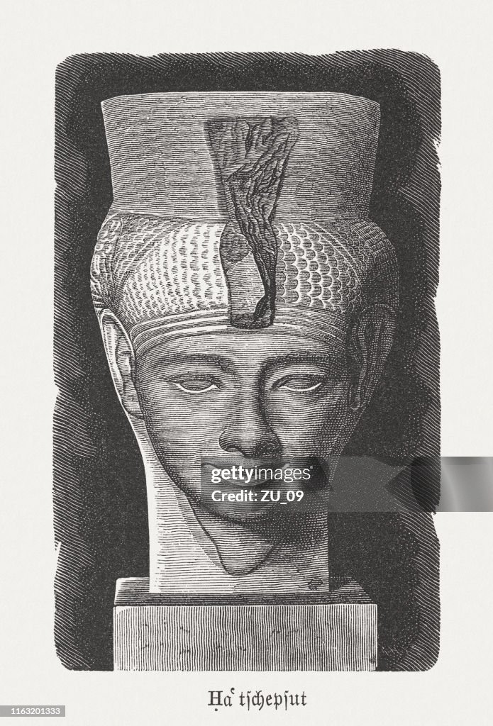 Egytian queen Hatshepsut (18th Dynasty), wood engraving, published in 1879