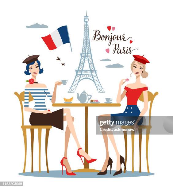 ilustrações, clipart, desenhos animados e ícones de duas mulheres novas em um café de paris - macaroon