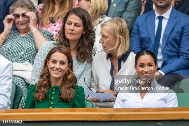 July 13: Catherine, Duchess of Cambridge and Meghan, Duchess of Sussex in the Royal Box on Centre Court along with Martina Navratilova and her spouse...