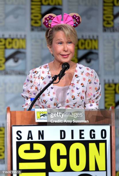 Yeardley Smith speaks at "The Simpsons" Panel during 2019 Comic-Con International at San Diego Convention Center on July 20, 2019 in San Diego,...