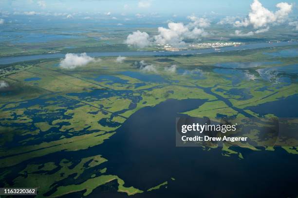 Coastal waters flow through deteriorating wetlands on August 22, 2019 in Plaquemines Parish, Louisiana. The non-profit conservation organization...