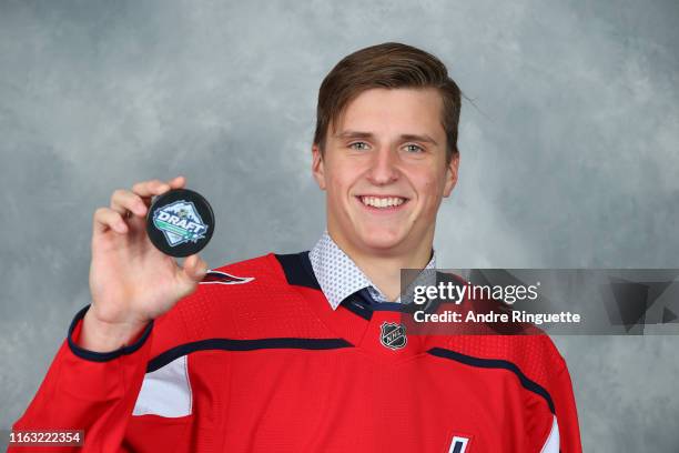 Aliaksei Protas, 91st overall pick of the Washington Capitals, poses for a portrait during Rounds 2-7 of the 2019 NHL Draft at Rogers Arena on June...