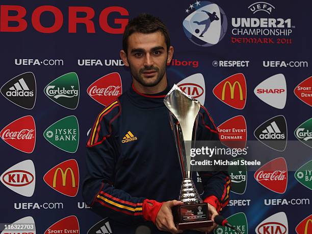 Adrian of Spain receives his Man of the Match trophy after the UEFA European Under-21 Championship Group B match between Czech Republic and Spain at...