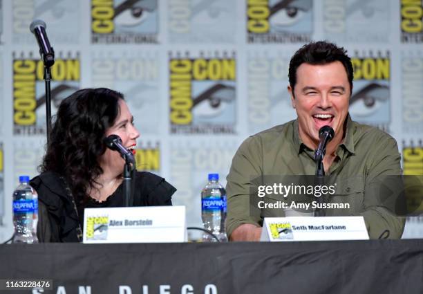 Alex Borstein and Seth MacFarlane speak at the "Family Guy" Panel during 2019 Comic-Con International at San Diego Convention Center on July 20, 2019...